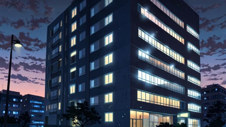 Vista moderna de un edificio residencial inteligente en entorno urbano, con iluminación cálida al anochecer