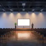 Interior moderno de un centro de conferencias con escenografía tecnológica, pantallas grandes y asistentes en trajes formales