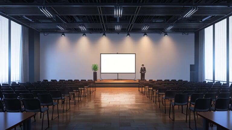 Interior moderno de un centro de conferencias con escenografía tecnológica, pantallas grandes y asistentes en trajes formales