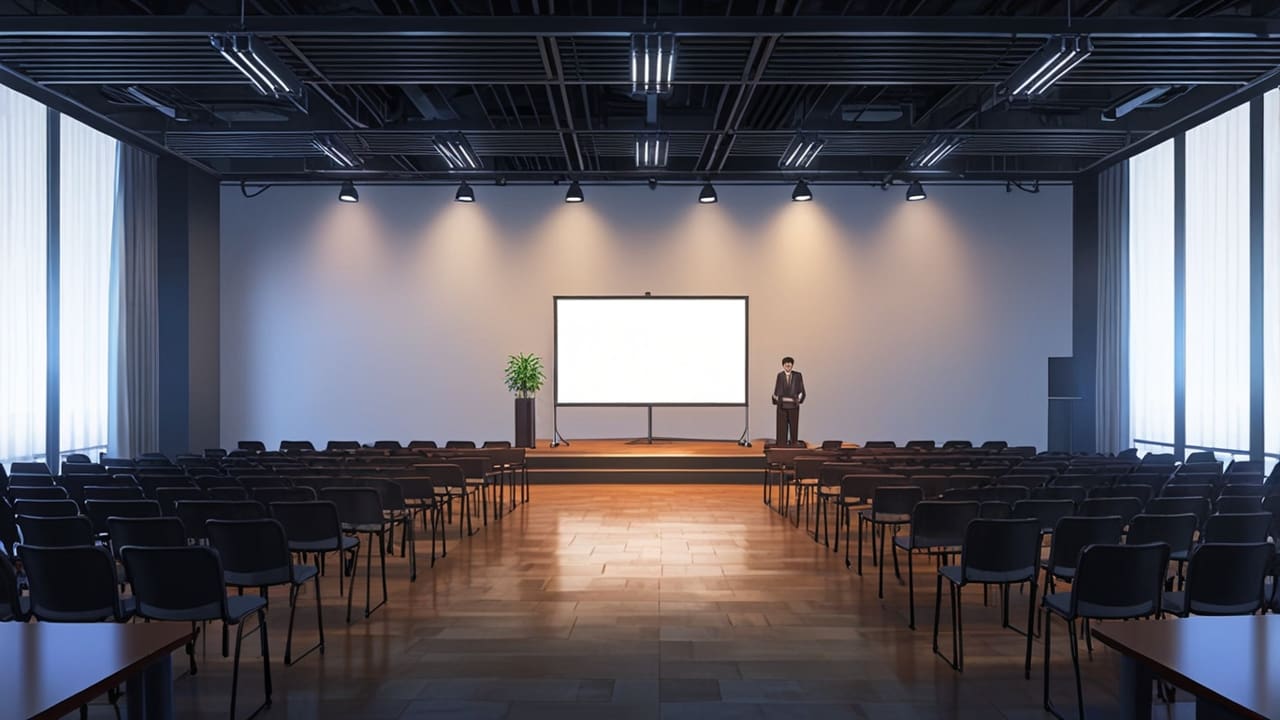 Interior moderno de un centro de conferencias con escenografía tecnológica, pantallas grandes y asistentes en trajes formales