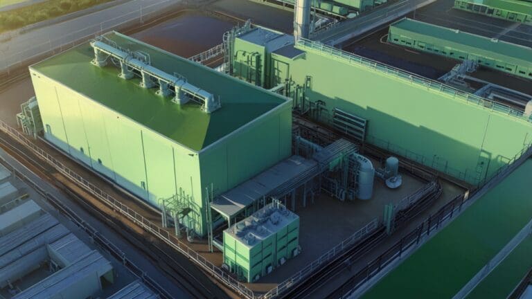 Vista aérea de un área industrial moderna rodeada de espacios verdes al amanecer