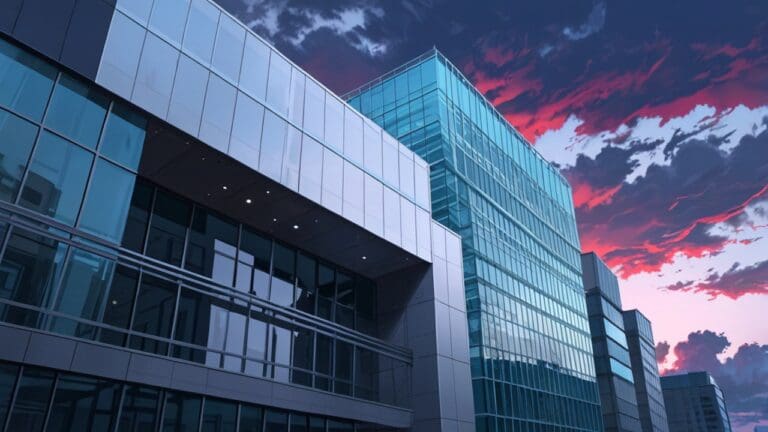 Edificios de oficinas modernas al amanecer con un cielo despejado y tecnológico