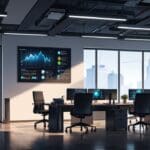 Oficinas modernas de una startup con pantallas digitales y gráficos financieros.