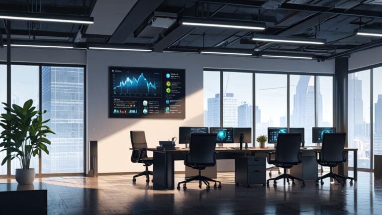 Oficinas modernas de una startup con pantallas digitales y gráficos financieros.