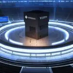 Vista panorámica de centro de convenciones moderno con expositores tecnológicos y drones en exhibición