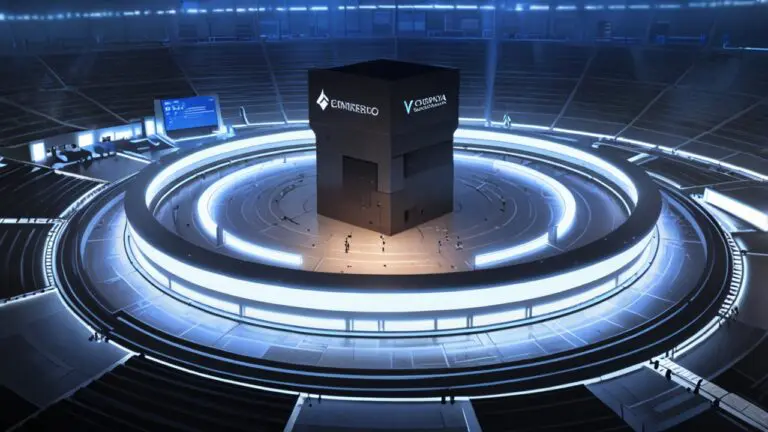 Vista panorámica de centro de convenciones moderno con expositores tecnológicos y drones en exhibición