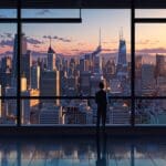 Vista panorámica de un centro de innovación tecnológica en una ciudad moderna al amanecer