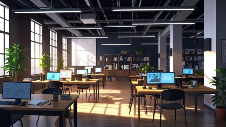 Ambiente moderno de coworking con laptops, gráficos financieros y equipos de emprendedores trabajando.