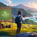 Paisaje natural montañoso con turistas realizando deportes de aventura al aire libre, escena clara y profesional con enfoque tecnológico