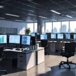 Interior moderno de oficina con servidores y computadoras mostrando gráficos digitales y matrices de datos.