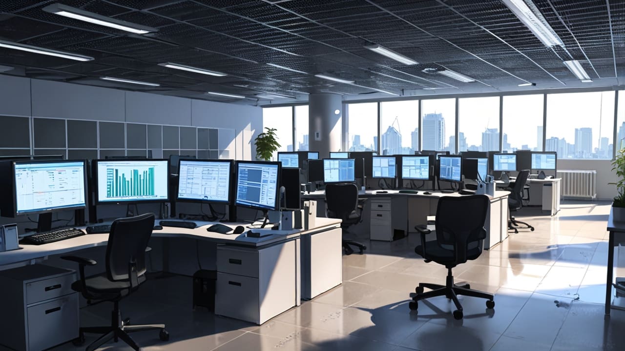 Interior moderno de oficina con servidores y computadoras mostrando gráficos digitales y matrices de datos.