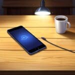 Primer plano de un teléfono móvil sencillo sobre una mesa de madera en un entorno doméstico, con luz natural y fondo desenfocado