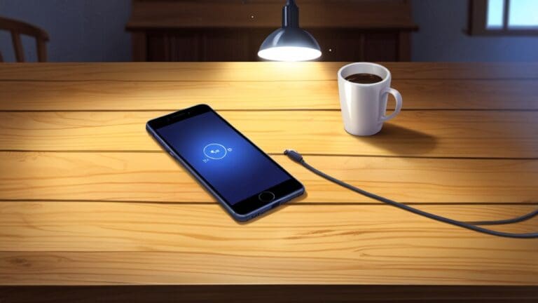 Primer plano de un teléfono móvil sencillo sobre una mesa de madera en un entorno doméstico, con luz natural y fondo desenfocado