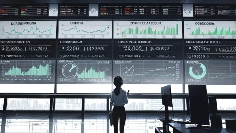 Interior moderno de una oficina de capital de riesgo con pantallas de datos y gráficos de inversión en una vista limpia y profesional