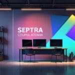 Oficina moderna con pantallas digitales y logotipos abstractos conectando startups con corporaciones