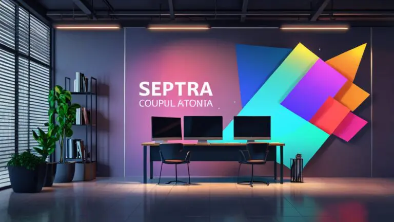 Oficina moderna con pantallas digitales y logotipos abstractos conectando startups con corporaciones