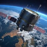 Render de un satélite en órbita sobre la Tierra con fondo azul oscuro y gráficos de datos espaciales en una interfaz digital