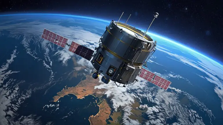 Render de un satélite en órbita sobre la Tierra con fondo azul oscuro y gráficos de datos espaciales en una interfaz digital