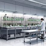 Interior de un laboratorio biotecnológico moderno con equipos de alta tecnología y pantallas digitales activas