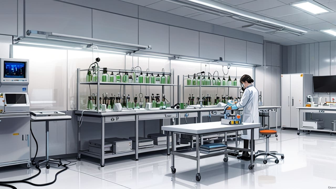 Interior de un laboratorio biotecnológico moderno con equipos de alta tecnología y pantallas digitales activas