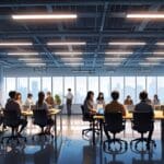 Vista interior de un centro de innovación con emprendedores reunidos alrededor de mesas, pantallas encendidas y ambiente tecnológico moderno