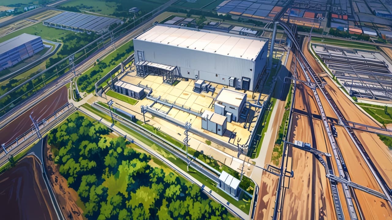 Vista aérea de una moderna planta industrial rodeada de vegetación en un entorno urbano