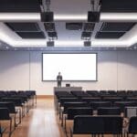 Sala de conferencias moderna con presentaciones científicas proyectadas, iluminación clara y ambiente profesional