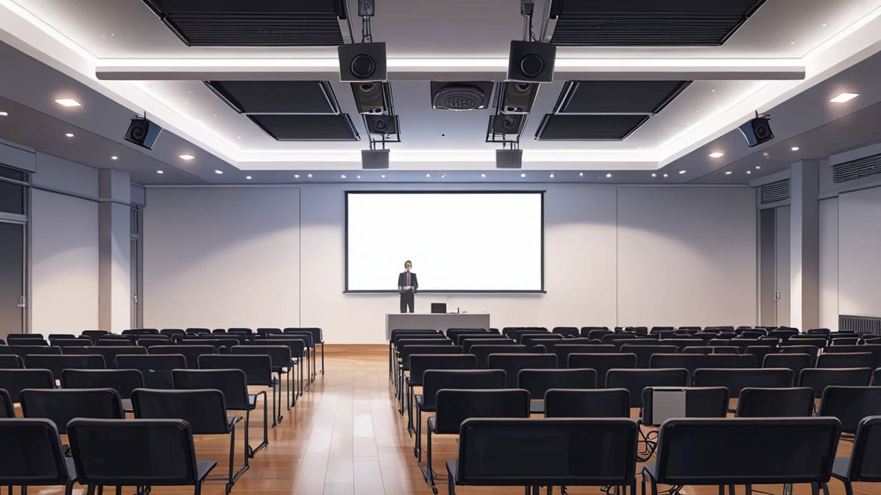 Sala de conferencias moderna con presentaciones científicas proyectadas, iluminación clara y ambiente profesional