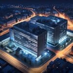 Vista aérea de un moderno centro de innovación al anochecer con luces resplandecientes