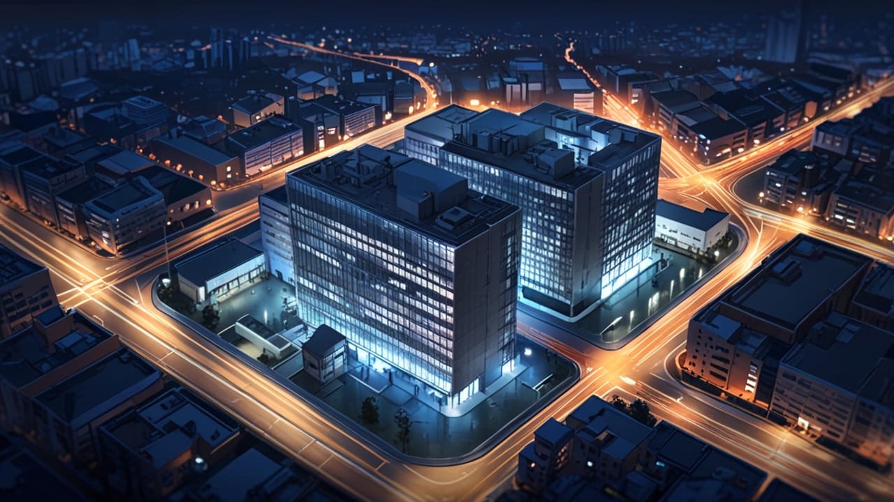 Vista aérea de un moderno centro de innovación al anochecer con luces resplandecientes