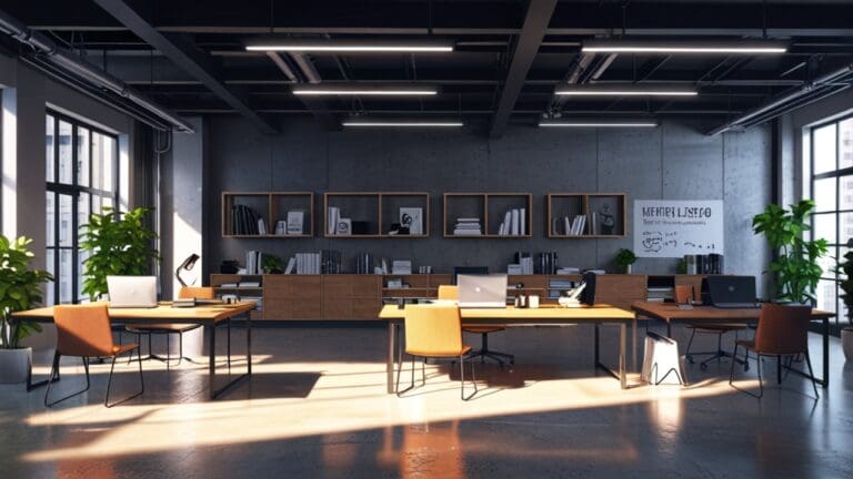 Espacio moderno con mesas de trabajo, laptops, pantallas digitales y emprendedores colaborando en un entorno universitario