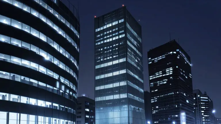 Edificios modernos en un distrito financiero europeo con luces encendidas al anochecer