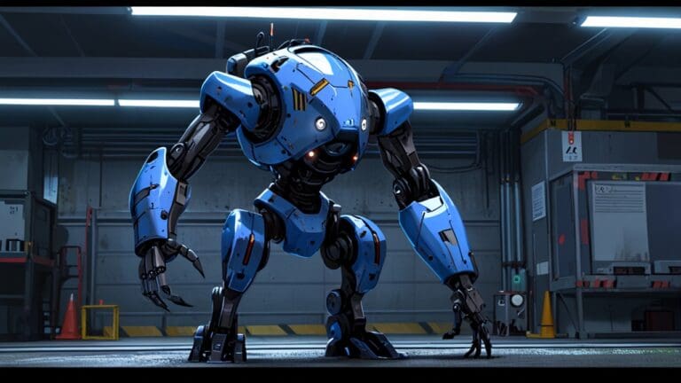 Robot industrial en un entorno tecnológico moderno y futurista, con luces LED azules.