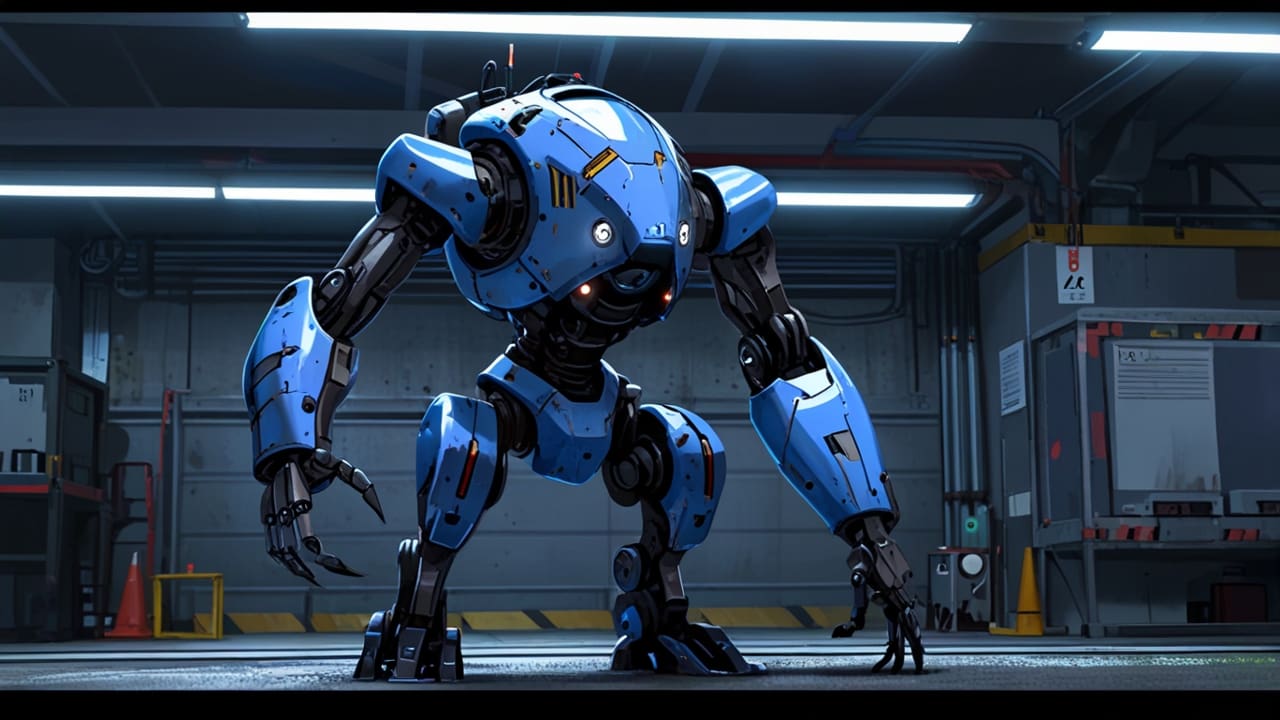 Robot industrial en un entorno tecnológico moderno y futurista, con luces LED azules.