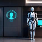 Oficina moderna con pantallas digitales y un robot asistente virtual en una interfaz futurista