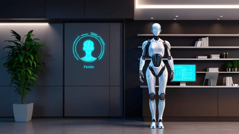 Oficina moderna con pantallas digitales y un robot asistente virtual en una interfaz futurista