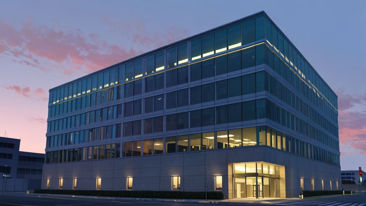 Edificio moderno de oficinas iluminado al anochecer, representando tecnología y negocios globales.