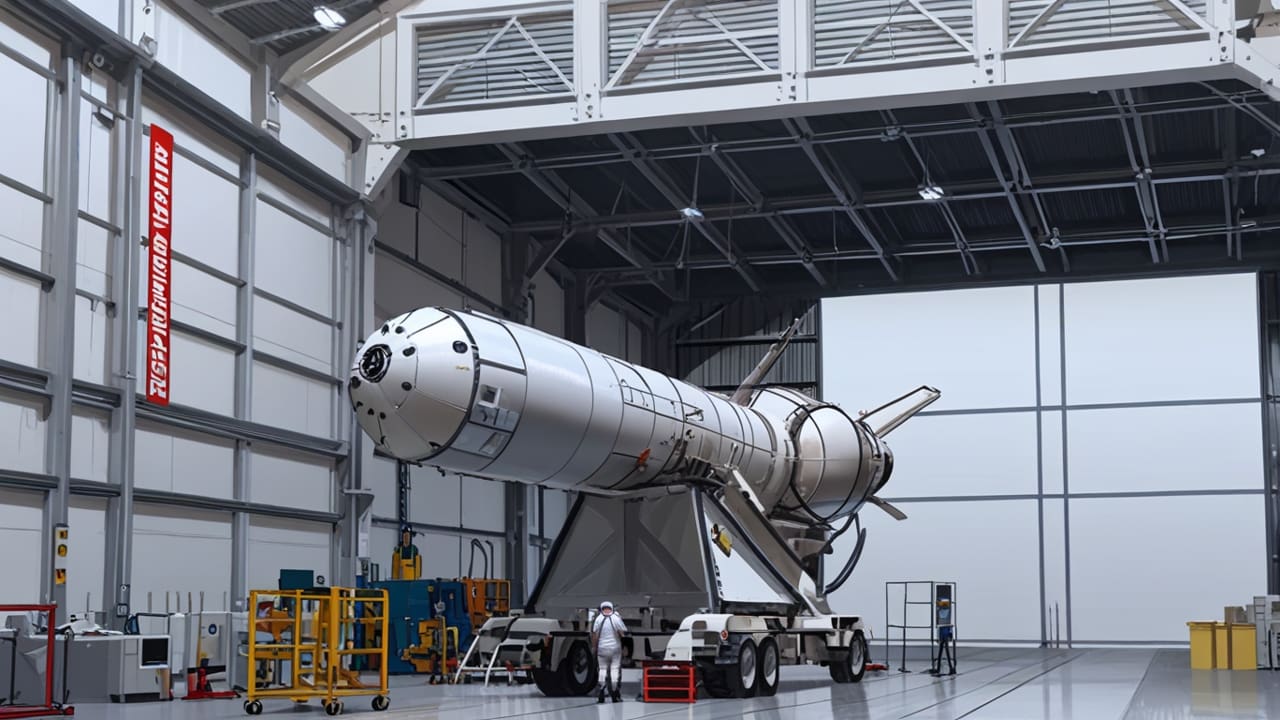 Instalaciones modernas de una empresa aeroespacial con cohetes en fase de ensamblaje dentro de un hangar tecnológico