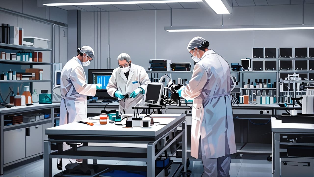 Laboratorio moderno con equipos de biotecnología e investigadores trabajando con pantallas digitales