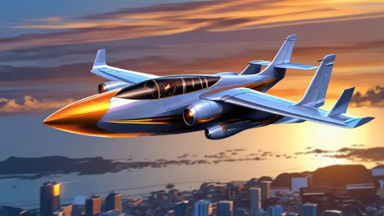 Concepto futurista de avión innovador volando sobre una ciudad moderna al atardecer.