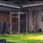 Sala de entrenamiento tecnológica con armas simuladas y pantallas digitales mostrando datos de rendimiento
