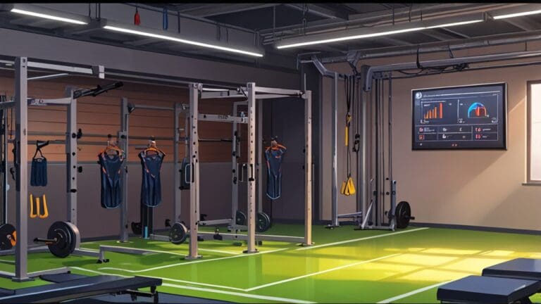 Sala de entrenamiento tecnológica con armas simuladas y pantallas digitales mostrando datos de rendimiento