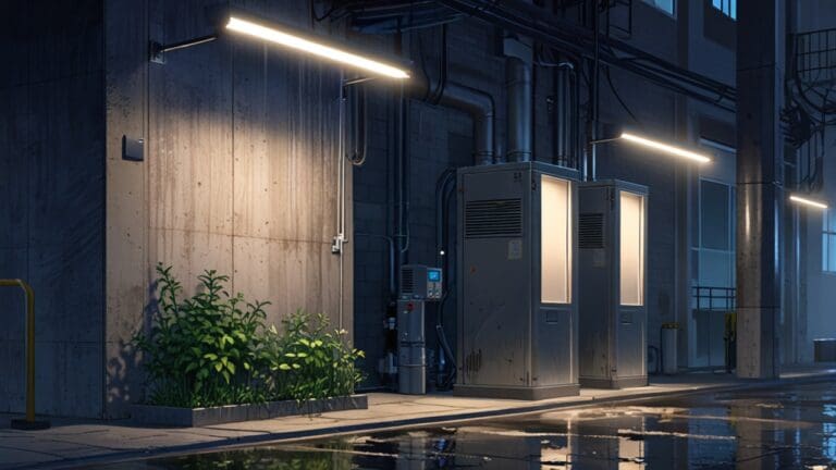 Planta de tratamiento de agua moderna en un entorno urbano iluminada por luces tecnológicas