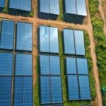 Vista aérea de una fábrica moderna de paneles solares rodeada de zonas verdes, bajo un cielo despejado