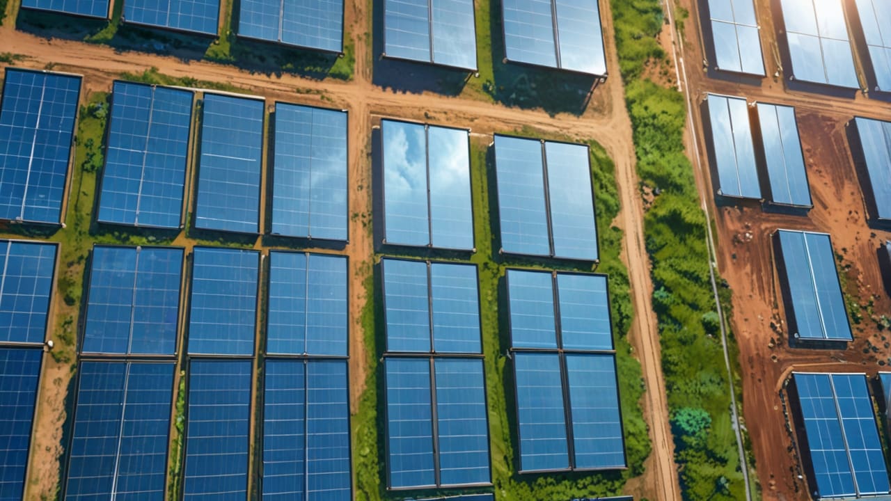 Vista aérea de una fábrica moderna de paneles solares rodeada de zonas verdes, bajo un cielo despejado