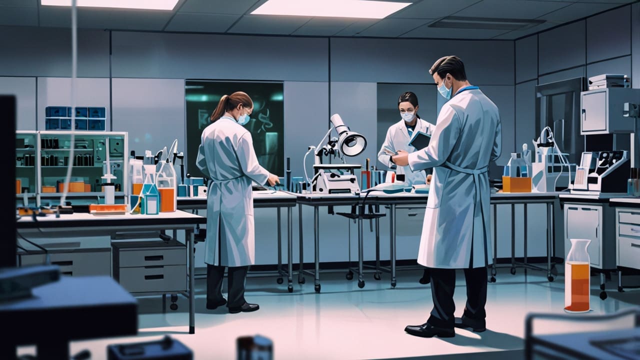 Equipo médico realizando pruebas de diagnóstico en un moderno laboratorio clínico