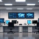 Oficinas modernas con computadoras y gráficos de minería digital en pantallas