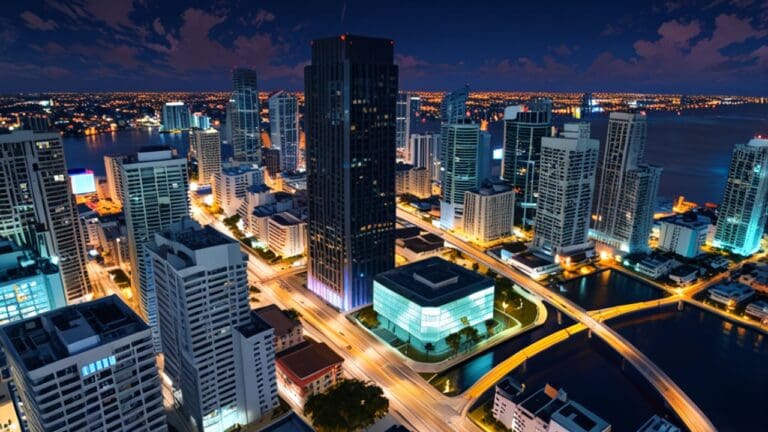 Panorámica aérea del distrito financiero de Miami con rascacielos modernos y luces encendidas al anochecer