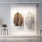 Estudio minimalista con prendas de ropa urbana sobre maniquíes, luz neutra, fondo blanco y detalles modernos