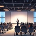 Sala de conferencias moderna con stands tecnológicos y emprendedores conversando en un foro de negocios